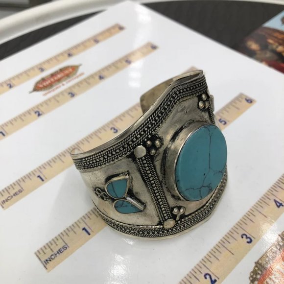 single Afghan Turquoise Stone Cuff Bracelet, Boho Cuff - Picture 4 of 5